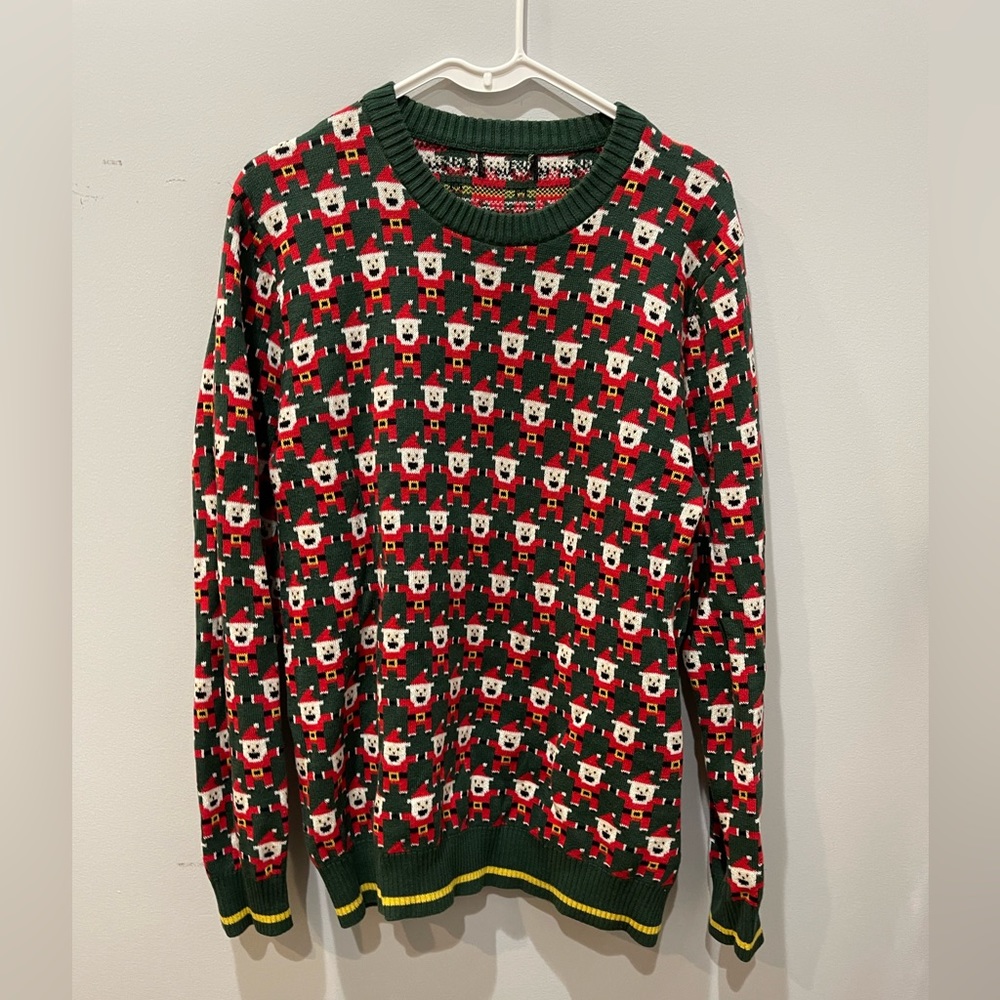 Ugly Christmas Sweater. All over Santa. Red Green Yellow
